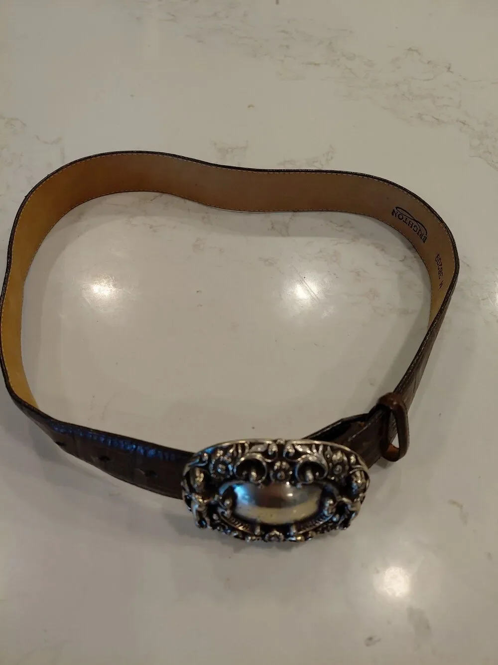 Brighton Ornate Silver Tone Belt Buckle with Brown Leather Belt